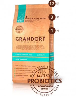 Корм Grandorf Living Probiotics 4 Meat &amp; Brown Rice Adult All Breeds для собак всех пород для собак всех пород 4 вида мяса и бурый рис (12кг)