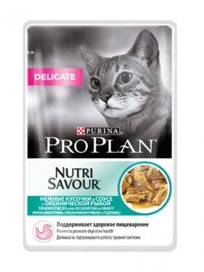 Влажный корм ProPlan Nutrisavour Delicate для кошек с чувствительным пищеварением с океанической рыбой в соусе (85гр)