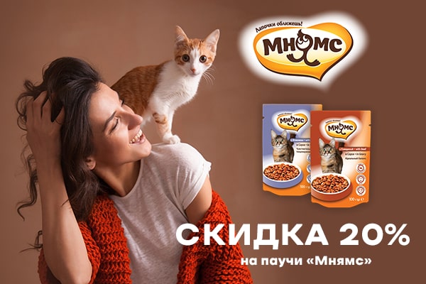 Скидка 20% на корма Мнямс