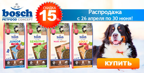 Скидка 15% на корма для собак Бош!